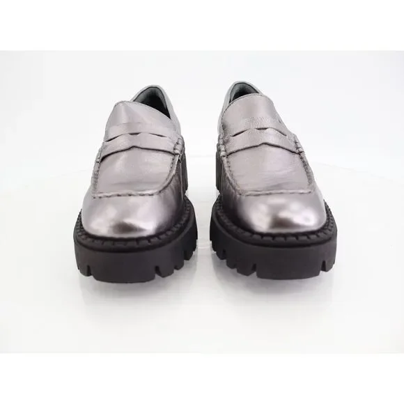 Free People Womens Lyra Lug Sole Penny Loafers Chunky Silver Leather 36 6 - Picture 2 of 14